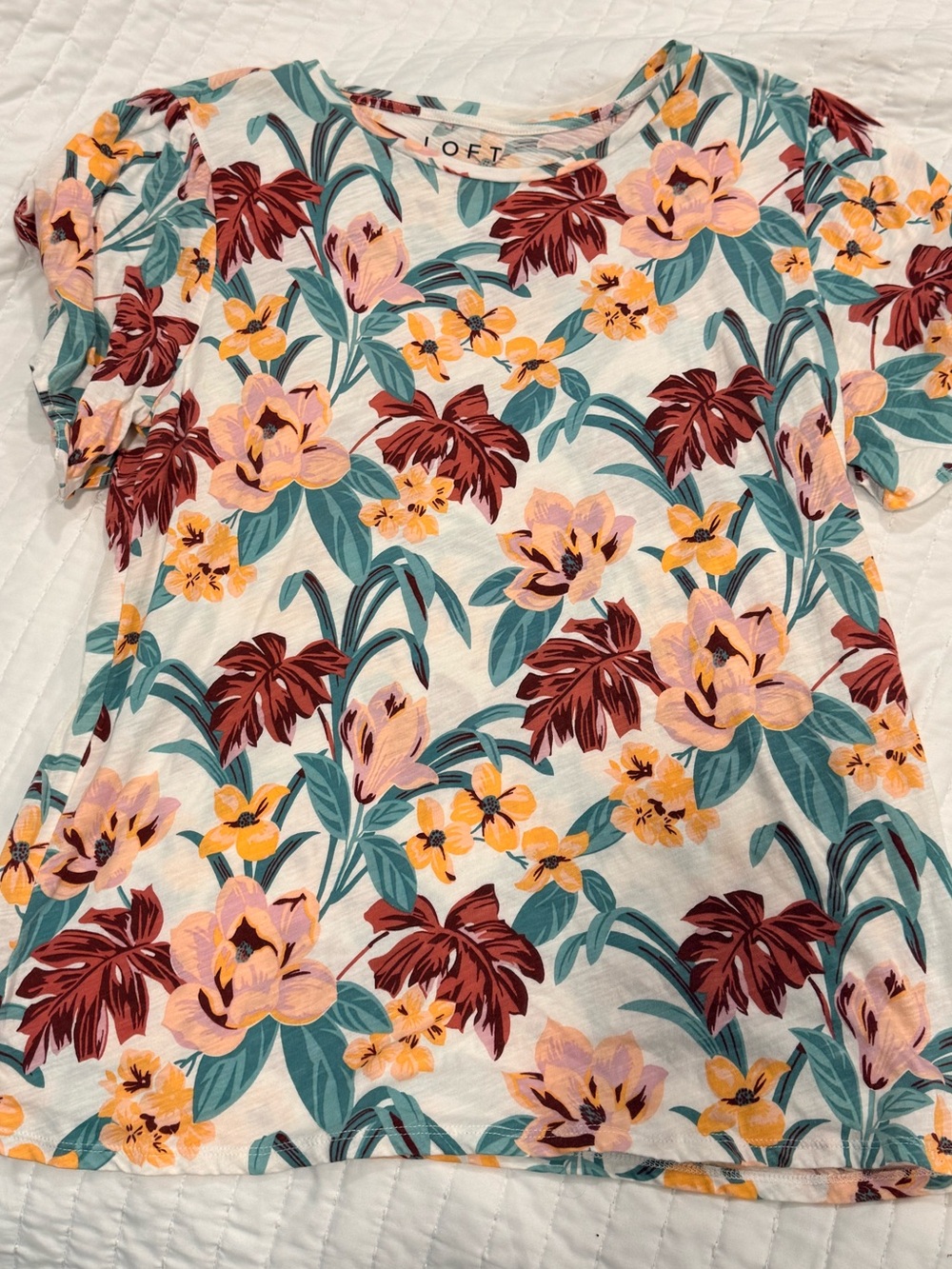 LOFT Cream Floral Short Sleeve Tee with Teal & Rust Blooms